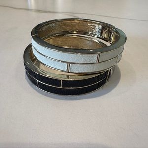 Gold Tone Hinge Bangle Cuff Bracelet with Leather Inset